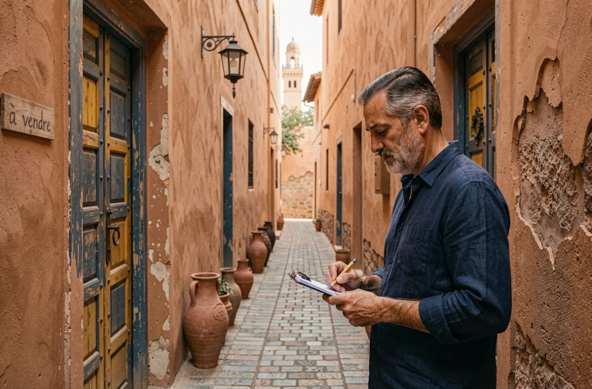 Ruelle typique de la médina de Marrakech avec riad à vendre et architecte inspectant la façade