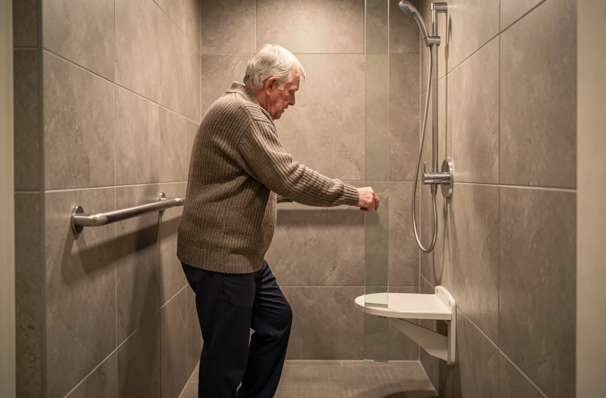Personne âgée à mobilité réduite utilisant une barre d'appui dans une salle de bain accessible avec douche à l'italienne adaptée