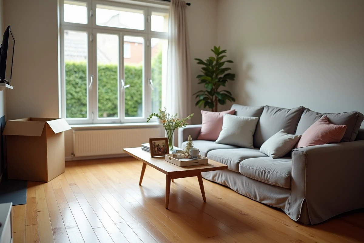 Salon moderne avec meubles et photos de famille