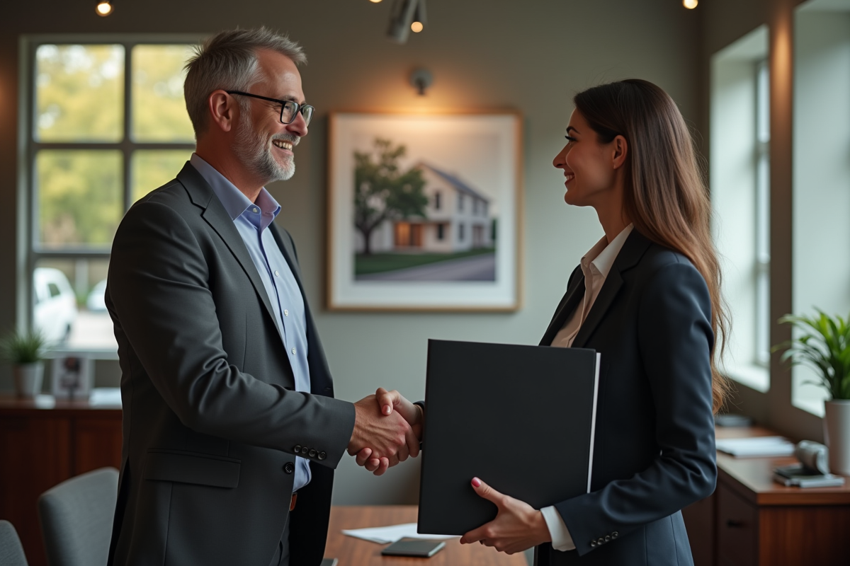 Homme d affaires et femme serrant la main dans un bureau bancaire