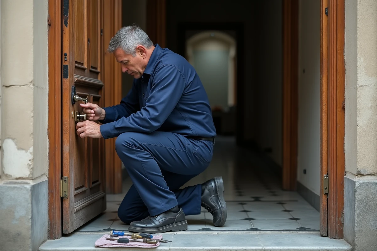 Serrurier professionnel installant une nouvelle serrure sur la porte d'un appartement en location