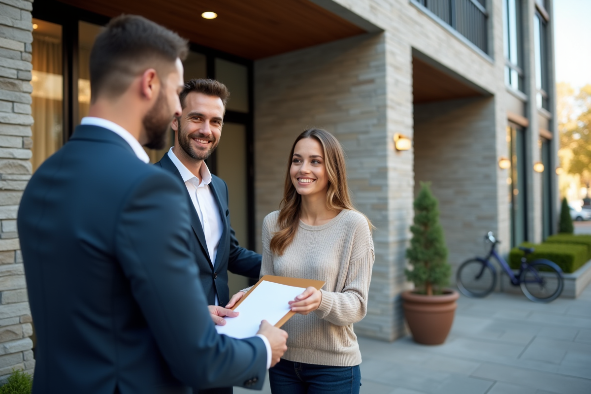 Agent immobilier remet les clés à un couple devant un immeuble moderne