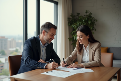 Un couple signe un contrat de location dans un salon moderne