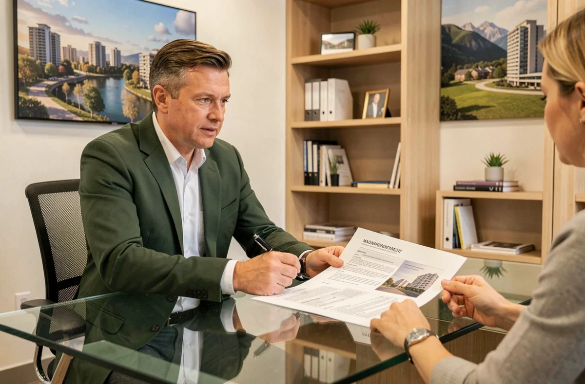 Conseiller de Square Habitat Auvergne présentant une proposition de gestion de copropriété à des clients dans une agence moderne