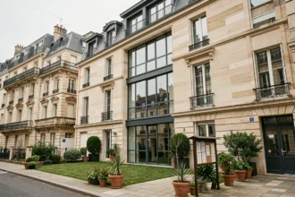 Immeuble de copropriété typique en Gironde avec façade soignée et cour commune, illustrant la gestion de syndic