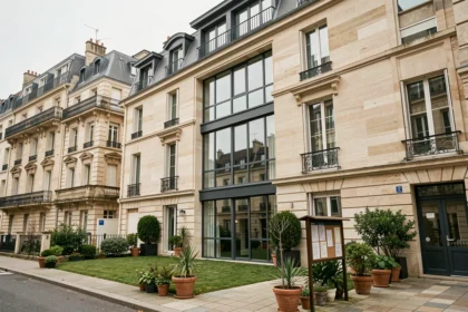 Immeuble de copropriété typique en Gironde avec façade soignée et cour commune, illustrant la gestion de syndic