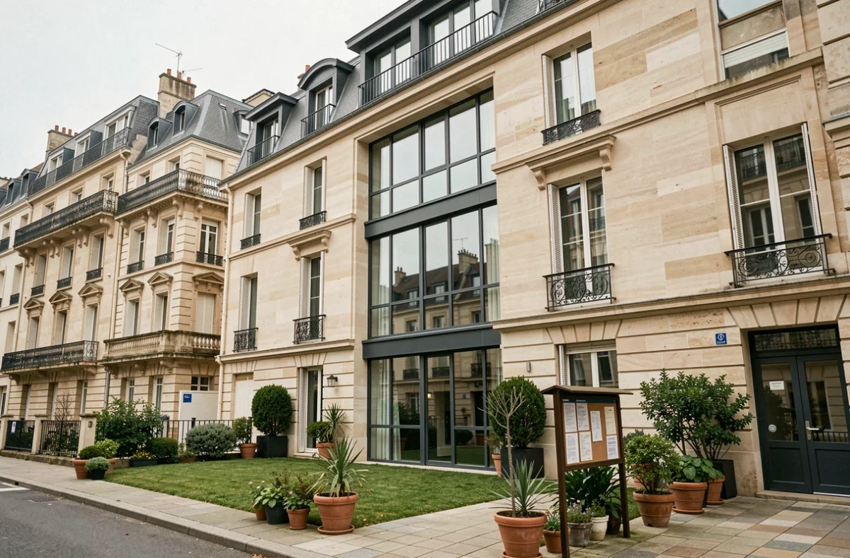 Immeuble de copropriété typique en Gironde avec façade soignée et cour commune, illustrant la gestion de syndic