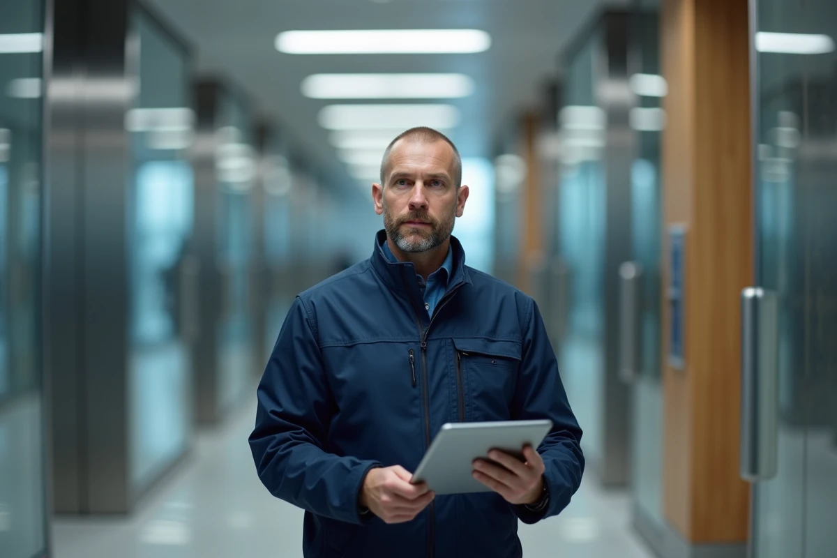 Technicien en veste navy dans un bureau moderne avec tablette