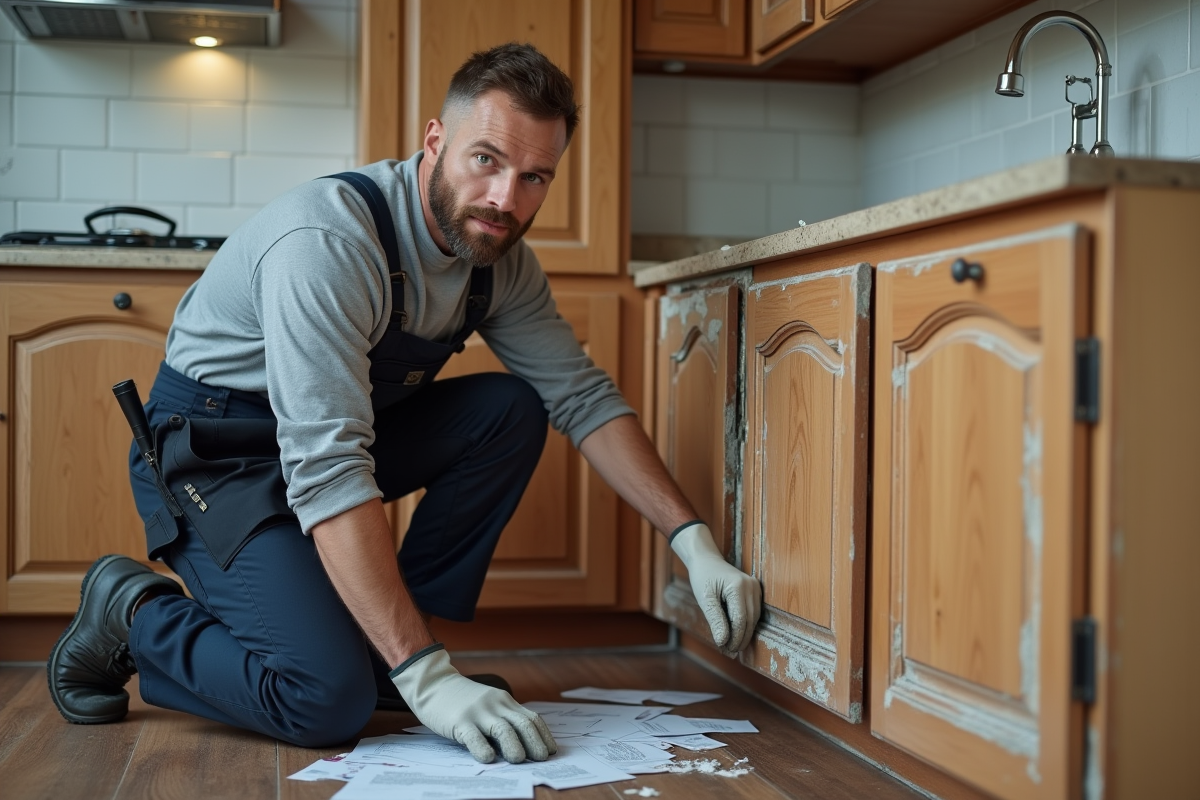 Technicien réparant un meuble endommagé par l