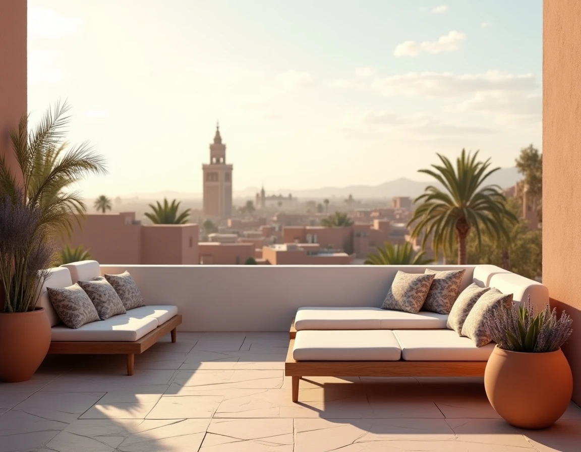 Terrasse privée d'une résidence neuve à Marrakech avec vue sur la Koutoubia