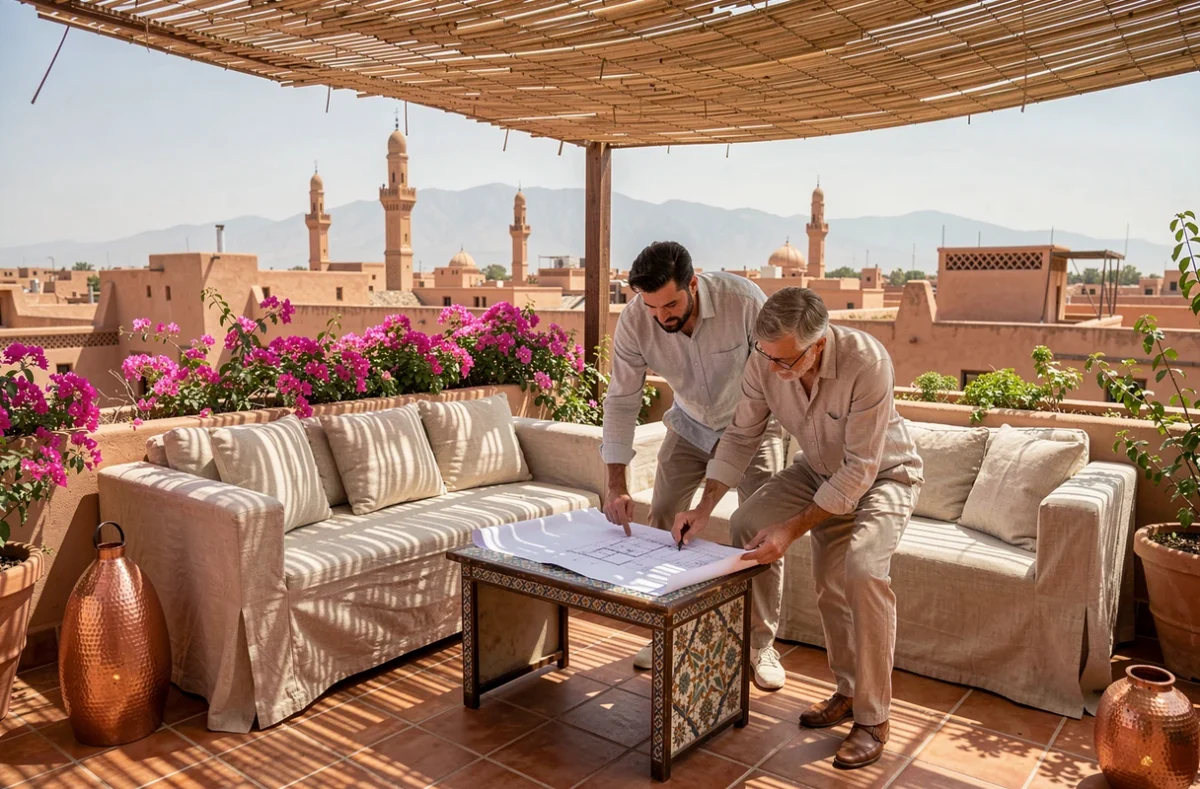 Terrasse de toit d'un riad rénové à Marrakech avec vue sur la médina et les montagnes de l'Atlas