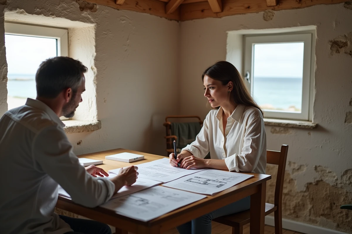 Couple vérifiant les documents avant la signature du compromis de vente dans une maison de pêcheur bretonne