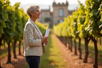 Femme d'affaires inspectant un vignoble à vendre à Bordeaux pour un projet d'œnotourisme