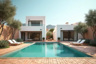 Villa neuve de luxe à Marrakech avec piscine en mosaïque turquoise et vue sur l'Atlas, architecture moderne marocaine