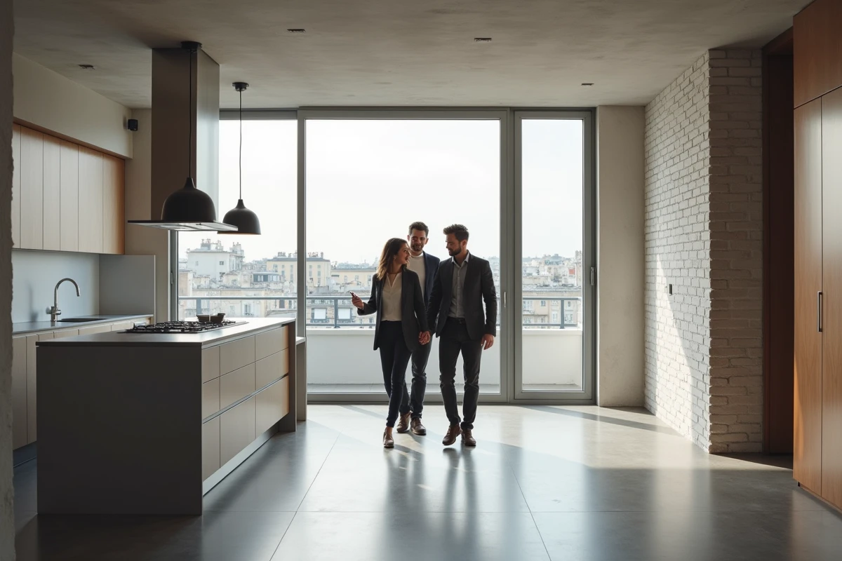 Agent immobilier présentant un grand appartement rénové à un couple à Levallois-Perret