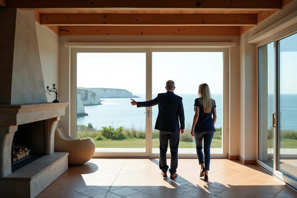 Agent immobilier présentant la vue sur mer depuis le salon d'une maison normande lors d'une visite