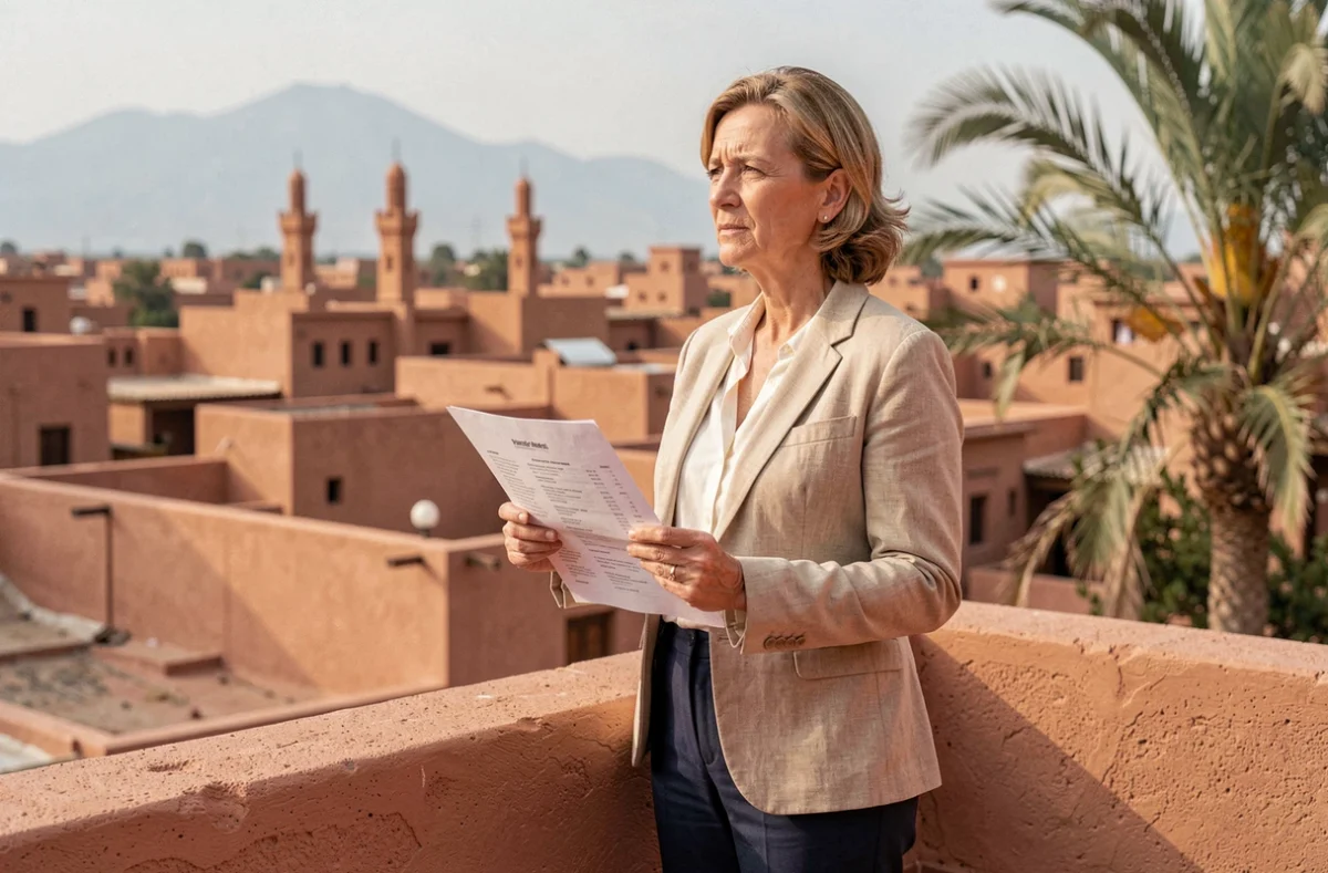 Femme évaluant un riad à Marrakech depuis la terrasse avec vue sur la médina pour un achat entre particuliers